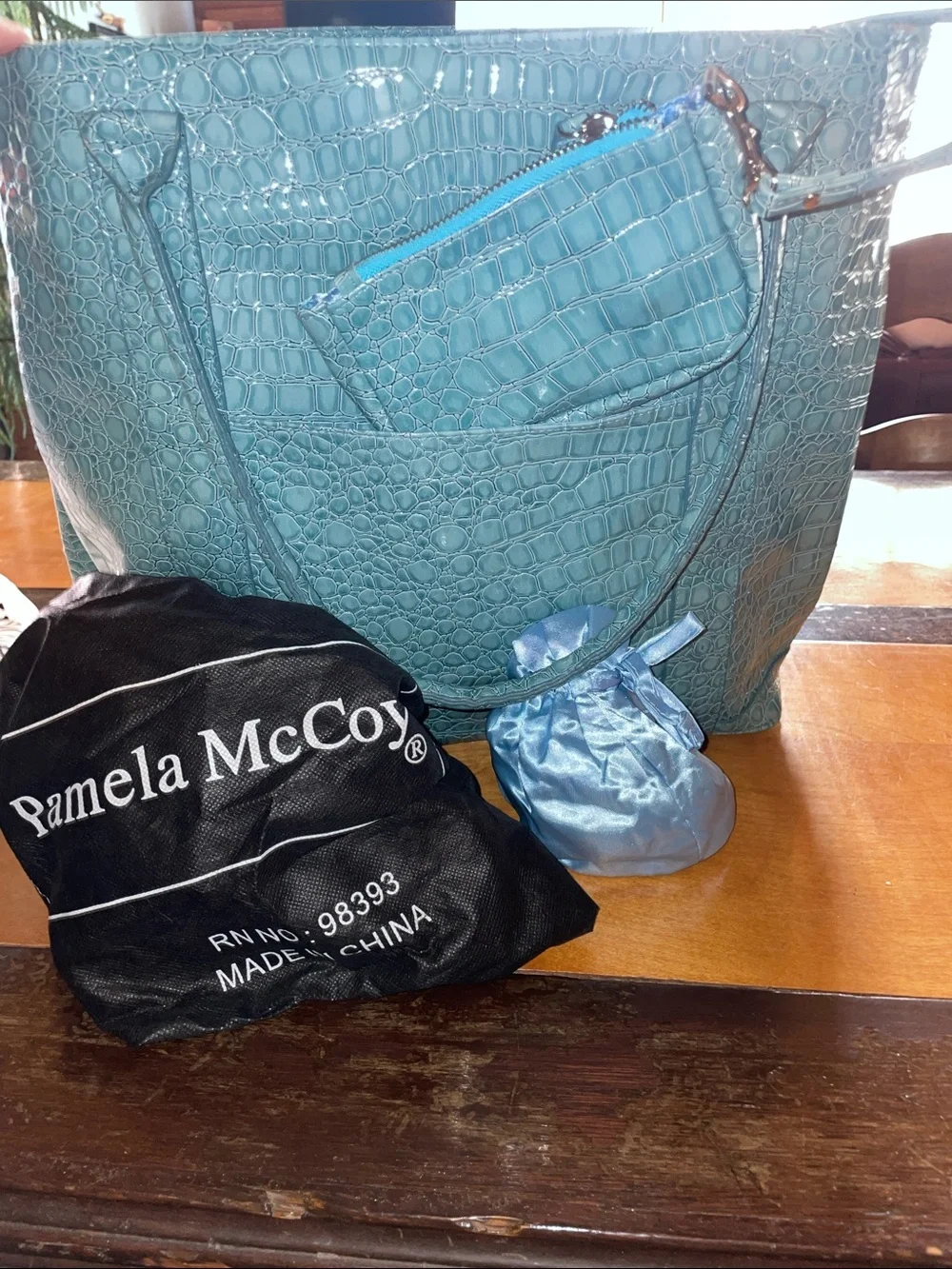 PAMELA MCCOY AWUA Blue Croc-Embossed Tote Bag - 18” X 15”